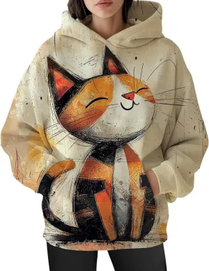 Womens Funny Cat Hoodies Oversized Cute Cat Lovers Printed Hooded Sweatshirt Y2K Fall Pullover Tops with Pockets