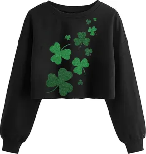Women's Funny Clover Graphic Crop Sweatshirts St. Patrick's Day Lucky Shamrock Lantern Long Sleeve Pullover Tops