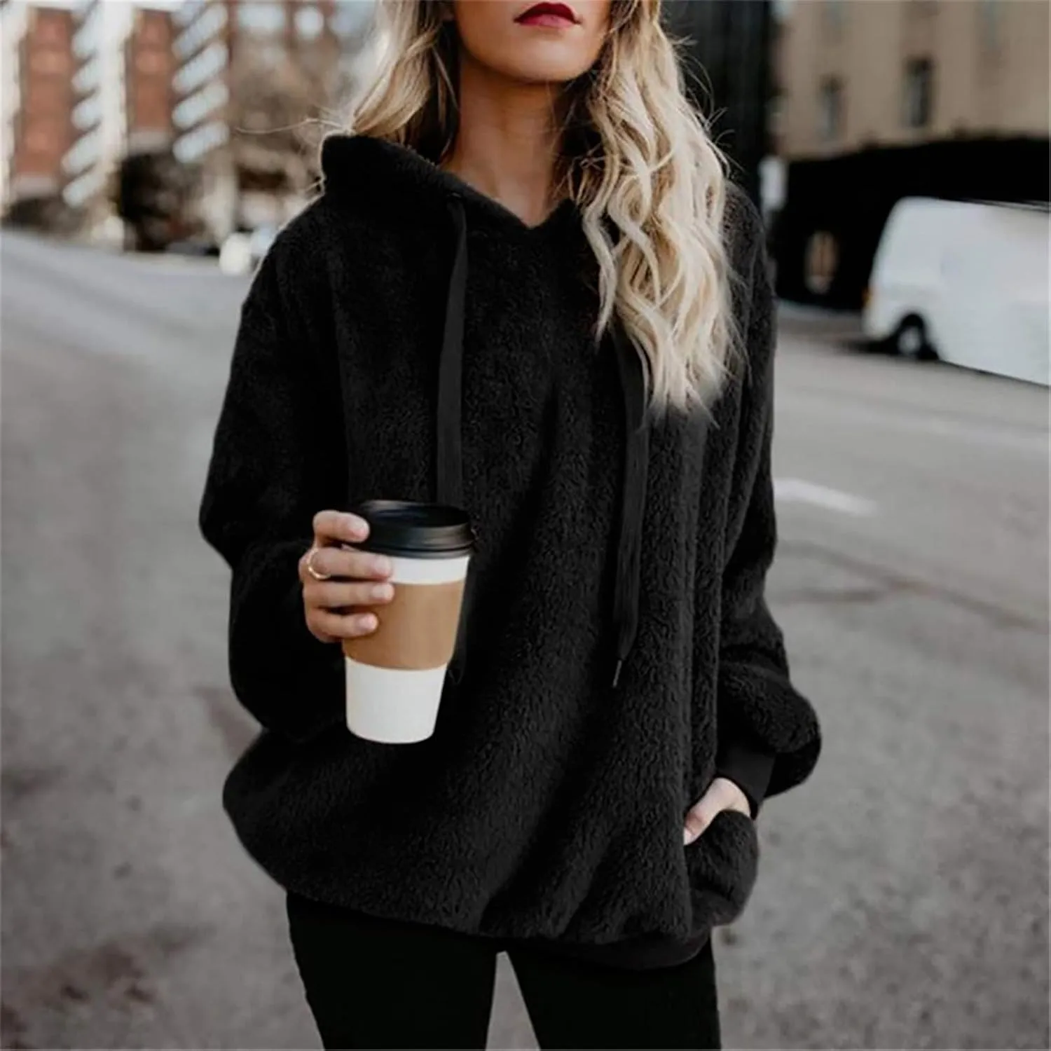 Women's Fuzzy Fleece Hoodies Zip Up Pullover Sherpa Sweatshirt 2023 Fall Winter Casual Oversized Warm Fluffy Coat Plus Size
