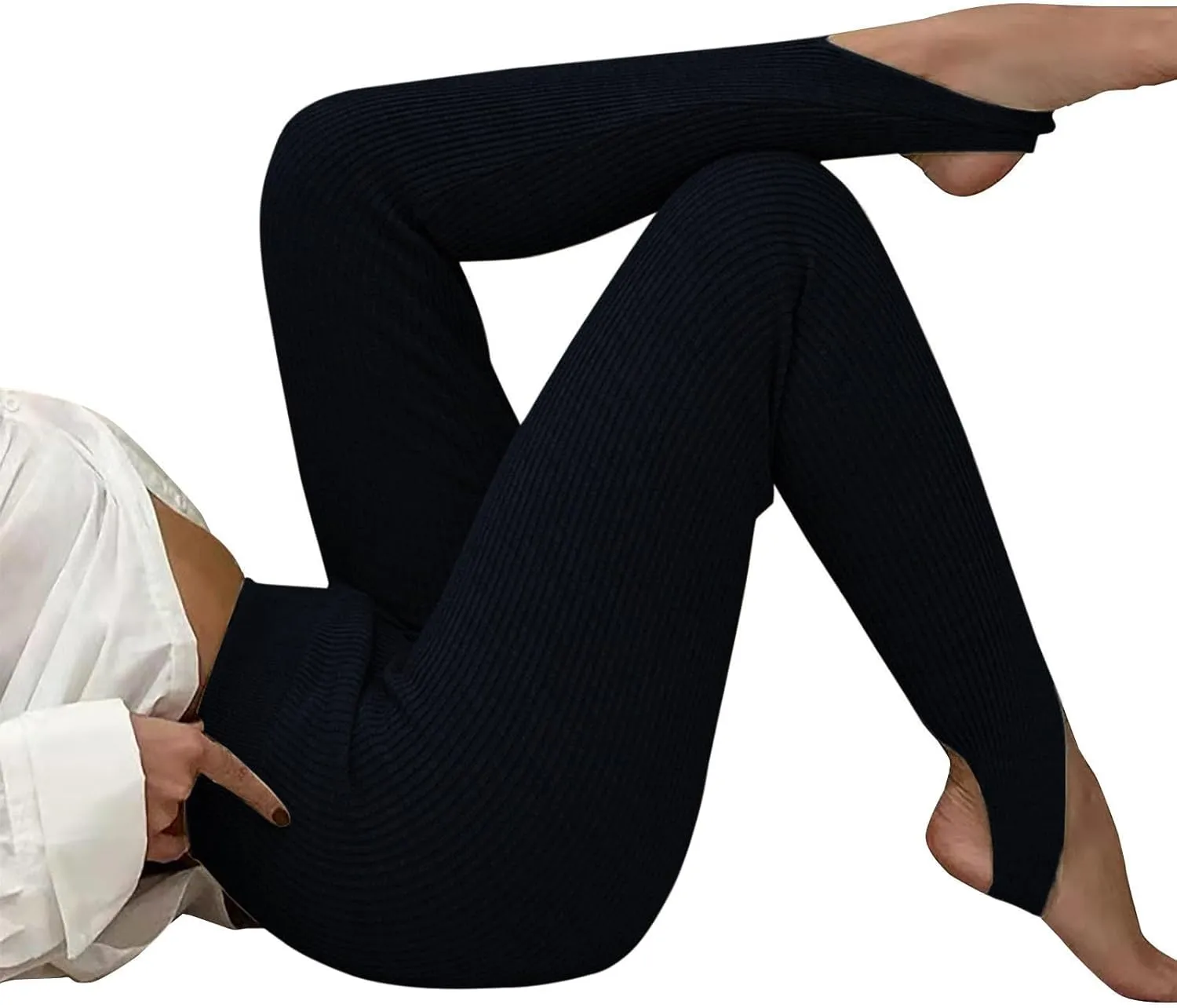 Women's High Waist Knit Yoga Stirrup Leggings Trendy Tummy Control Stretch Gym Trouser Workout Running Tights Pants