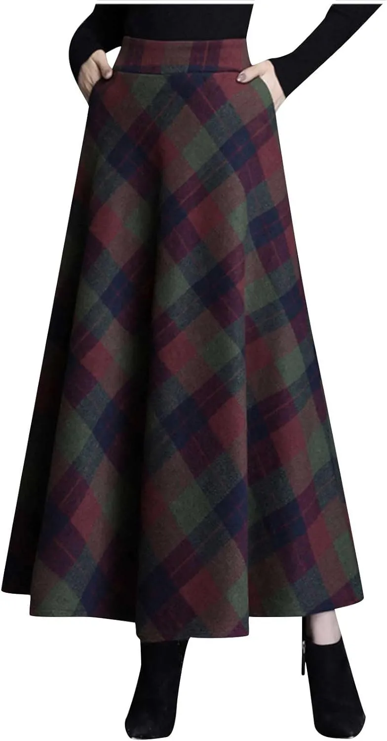 Women's High Waist Plaid A Line Skirts Vintage Elastic Pleated Plus Size Skirt Retro Elegant Business Dress