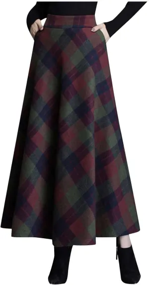 Women's High Waist Plaid A Line Skirts Vintage Elastic Pleated Plus Size Skirt Retro Elegant Business Dress