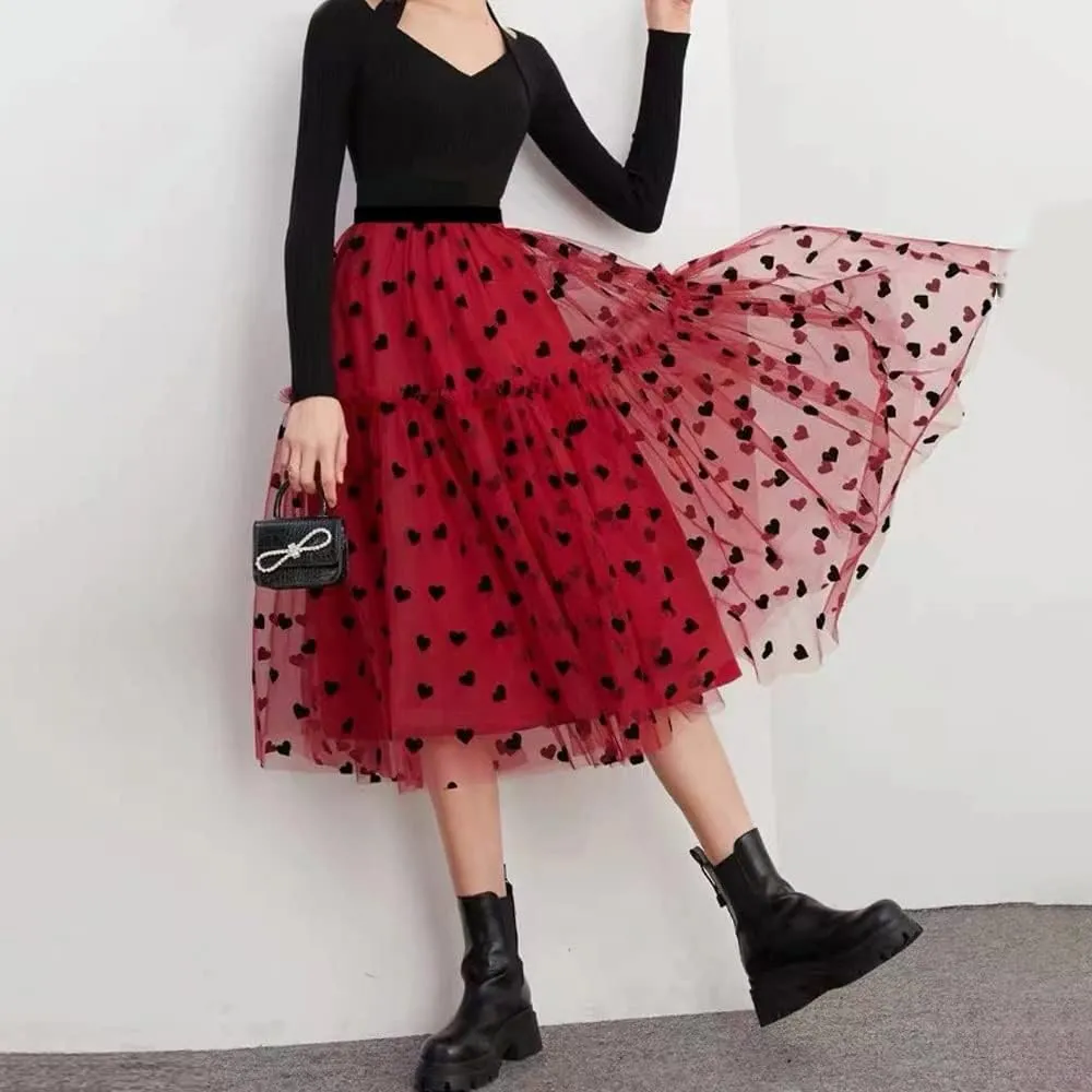 Womens High Waist Polka Dot Pleated Skirt Midi Swing Skirt (Color : Red)