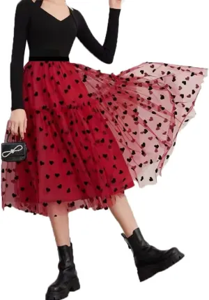 Womens High Waist Polka Dot Pleated Skirt Midi Swing Skirt (Color : Red)