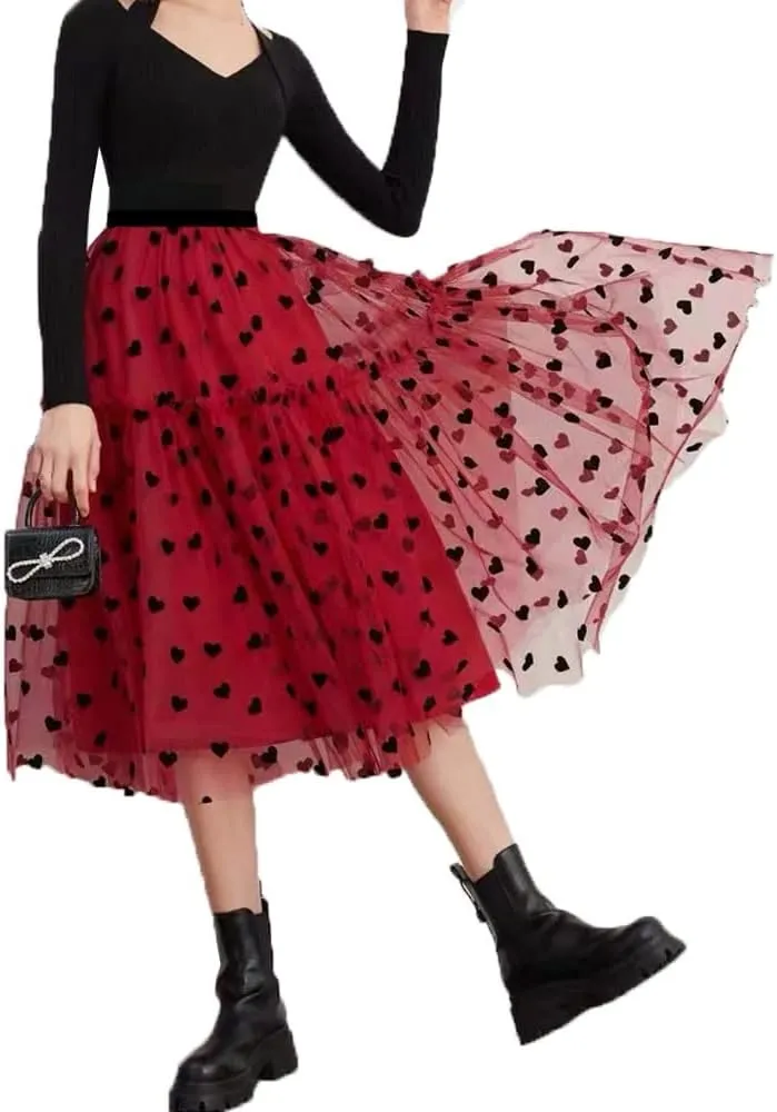 Womens High Waist Polka Dot Pleated Skirt Midi Swing Skirt (Color : Red)