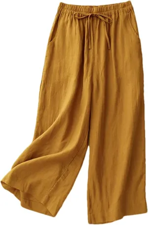 Women's High-Waisted Wide-Leg Pants  Solid Color Cotton Linen Drawstring Waist Casual Summer Beach Trousers