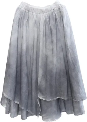 Women's Irregular Skirt High Waisted Linen Midi Skirt Elastic Waist Design Dizzy Dye Patchwork Denim Skirts for