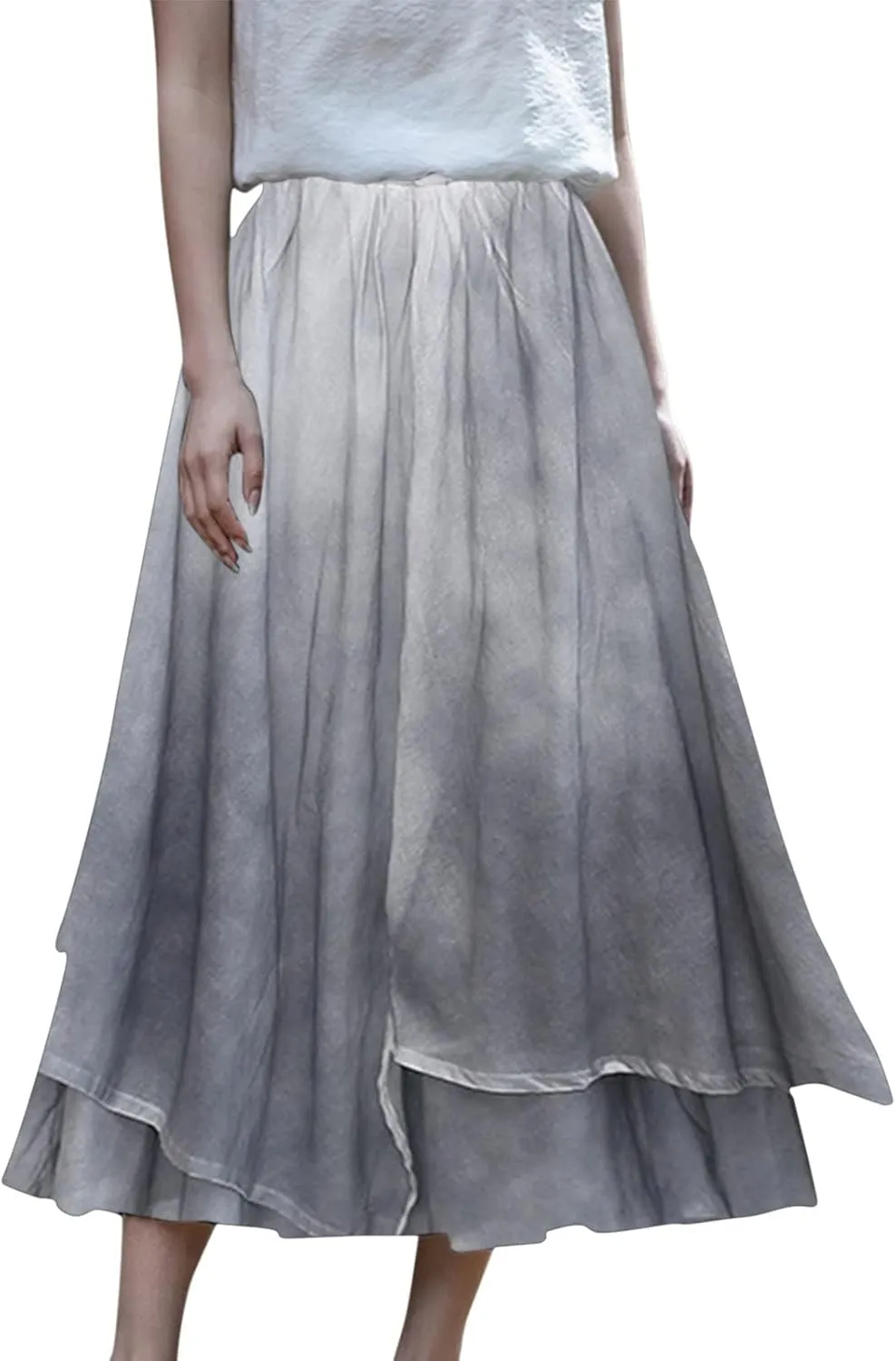 Women's Irregular Skirt High Waisted Linen Midi Skirt Elastic Waist Design Dizzy Dye Patchwork Denim Skirts for