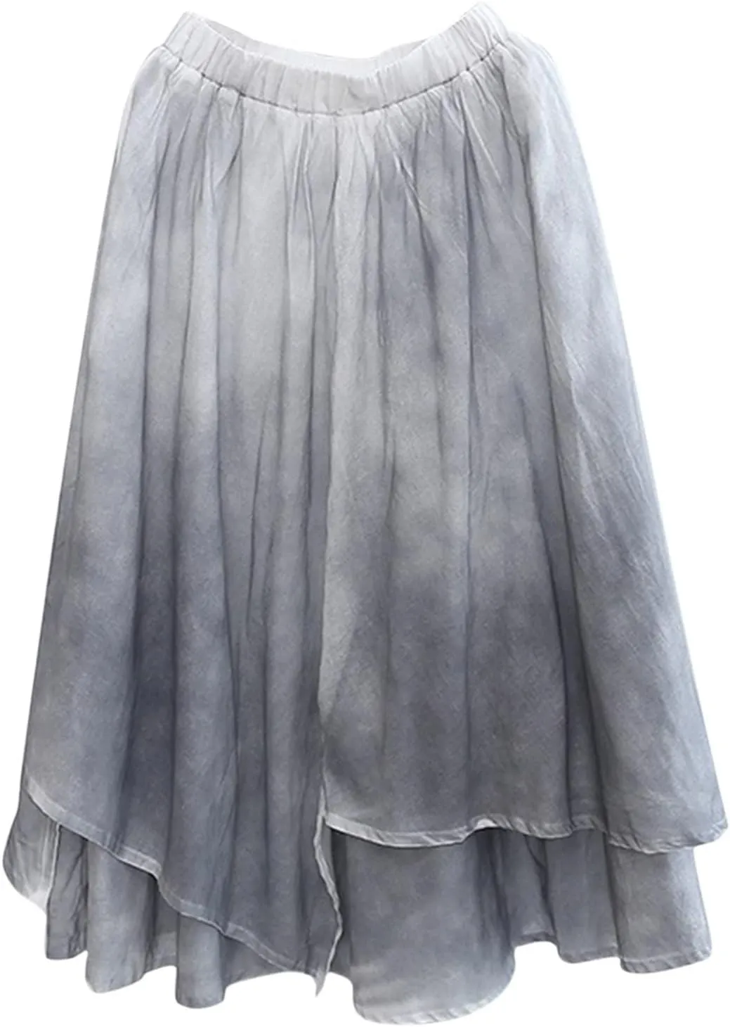 Women's Irregular Skirt High Waisted Linen Midi Skirt Elastic Waist Design Dizzy Dye Patchwork Denim Skirts for