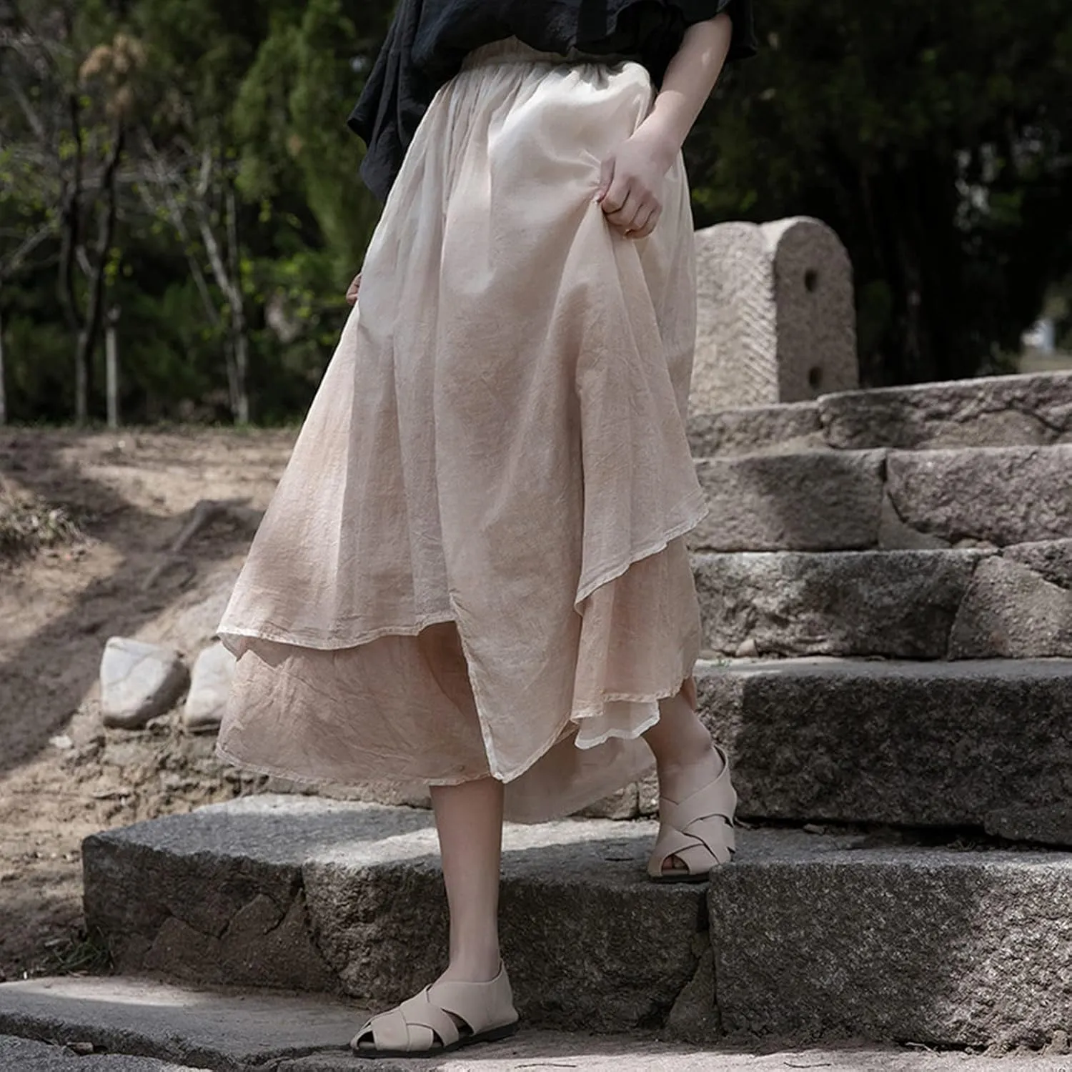 Women's Irregular Skirt High Waisted Linen Midi Skirt Elastic Waist Design Dizzy Dye Patchwork Denim Skirts for