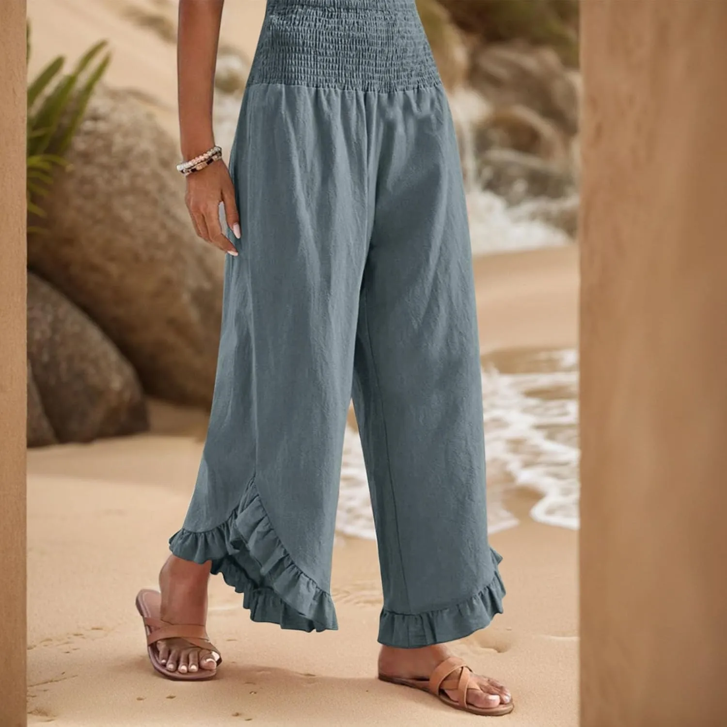 Womens Linen Cotton Palazzo Pants Summer Wide Leg High Waist Trouser Lounge Beach Vacation Flowy Pants with Pockets