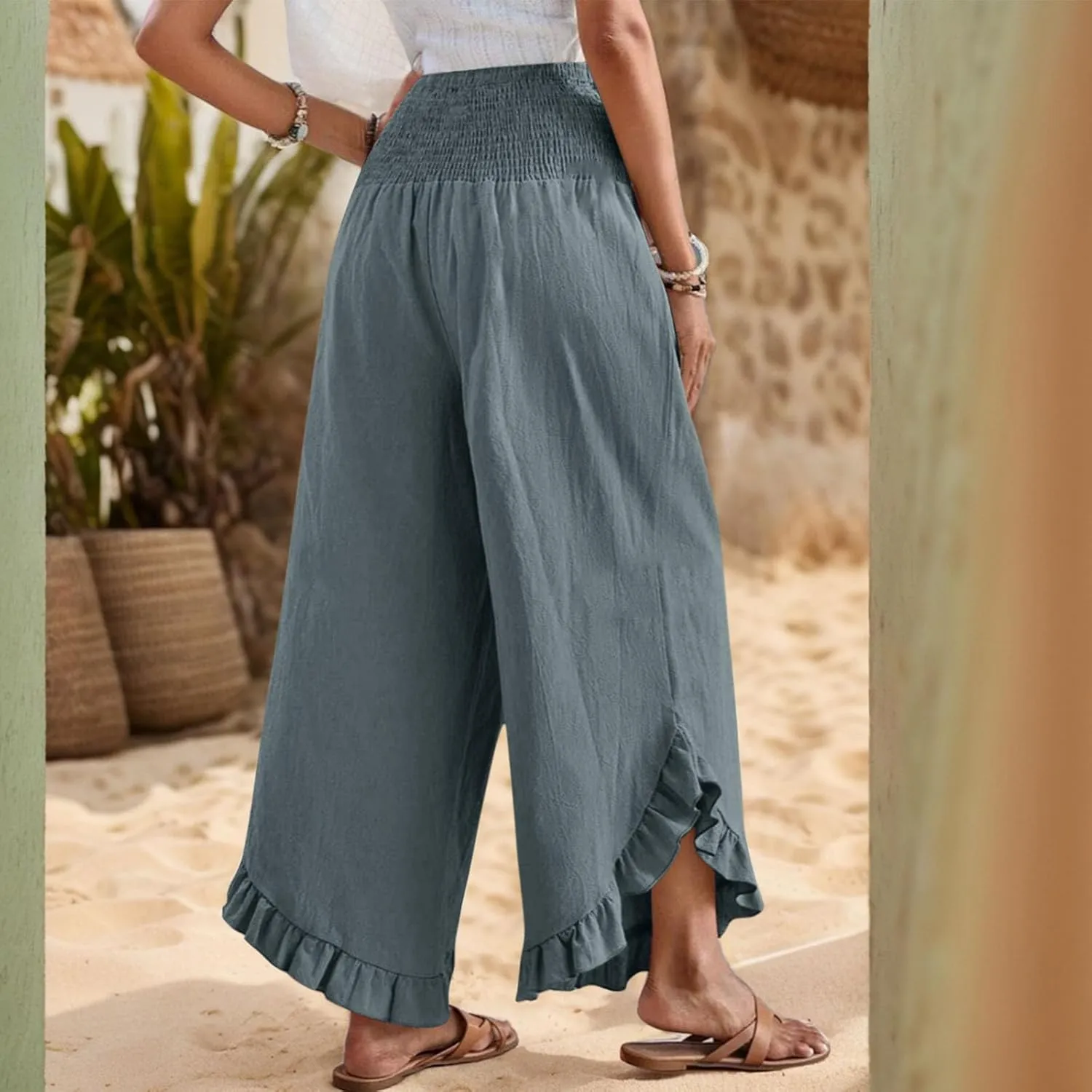Womens Linen Cotton Palazzo Pants Summer Wide Leg High Waist Trouser Lounge Beach Vacation Flowy Pants with Pockets