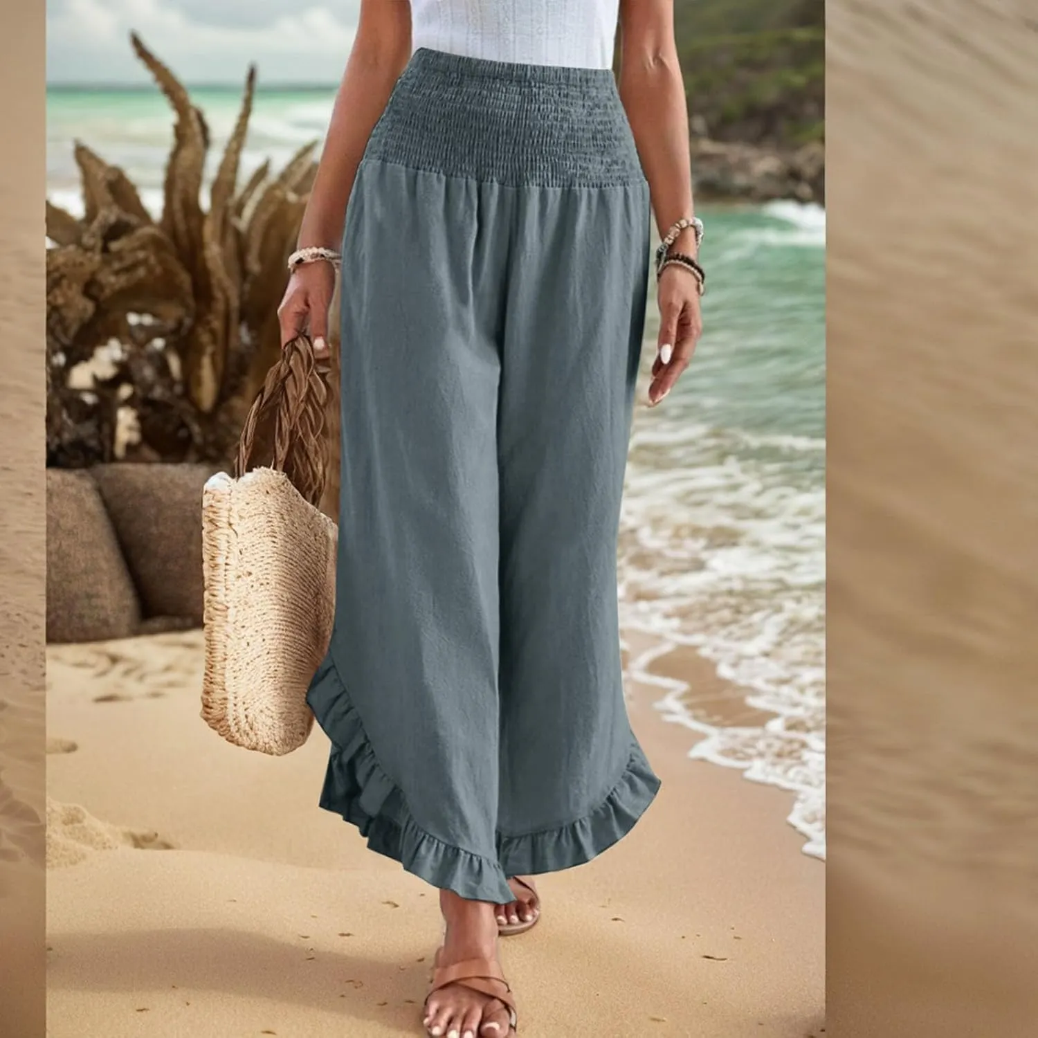 Womens Linen Cotton Palazzo Pants Summer Wide Leg High Waist Trouser Lounge Beach Vacation Flowy Pants with Pockets