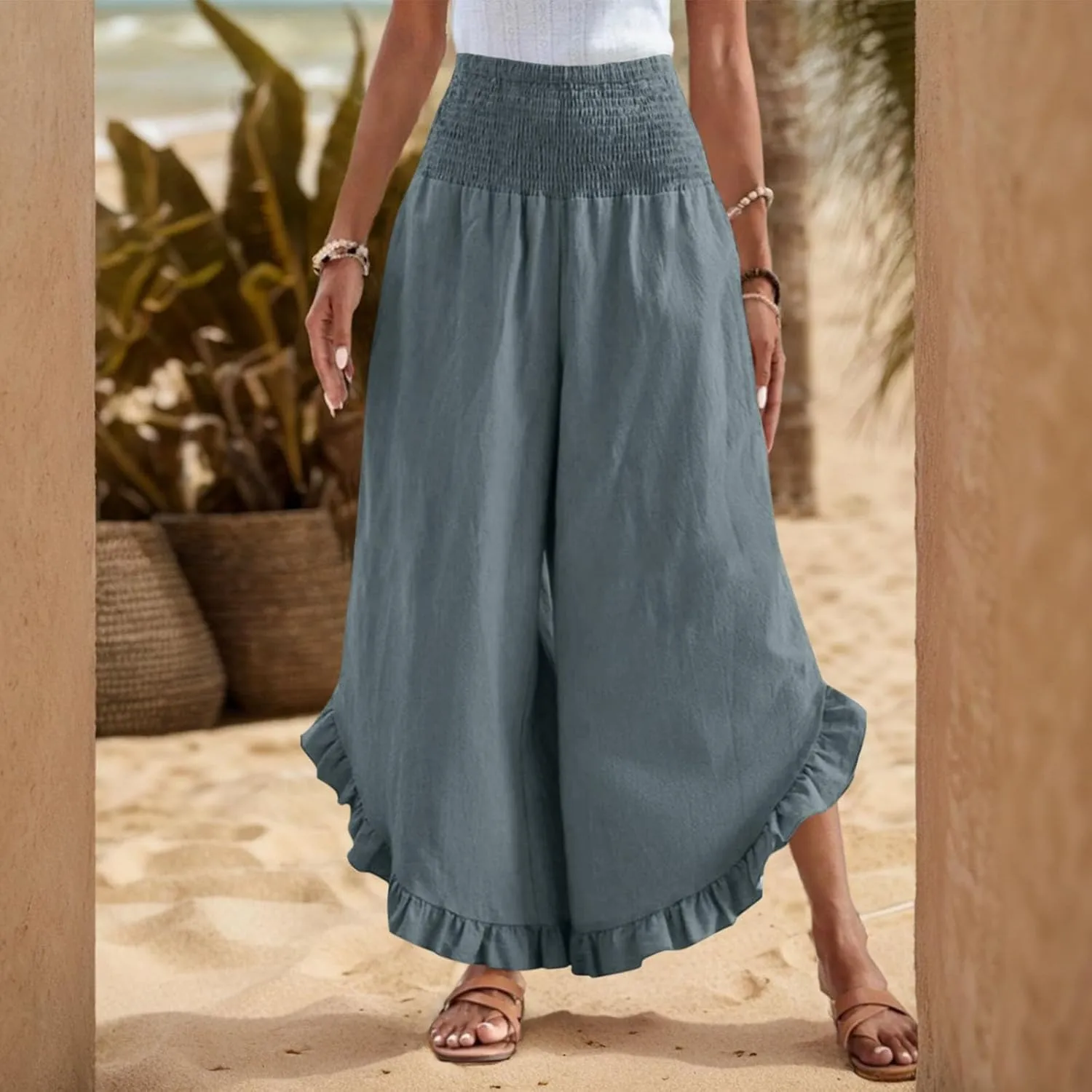 Womens Linen Cotton Palazzo Pants Summer Wide Leg High Waist Trouser Lounge Beach Vacation Flowy Pants with Pockets