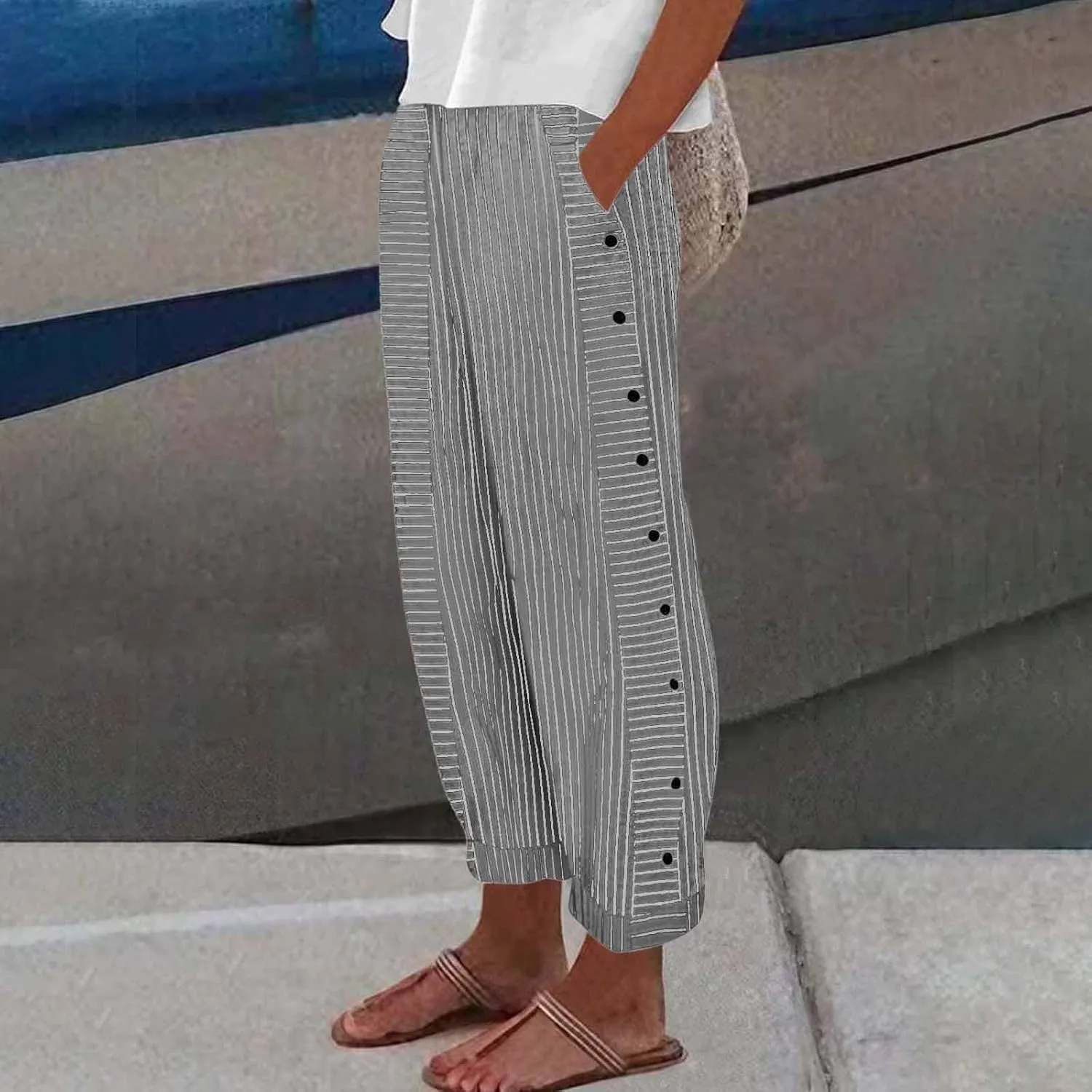 Womens Linen Pants High Waisted Summer Beach Pants Elastic Waist Tapered Pants Casual Trousers with Pocket