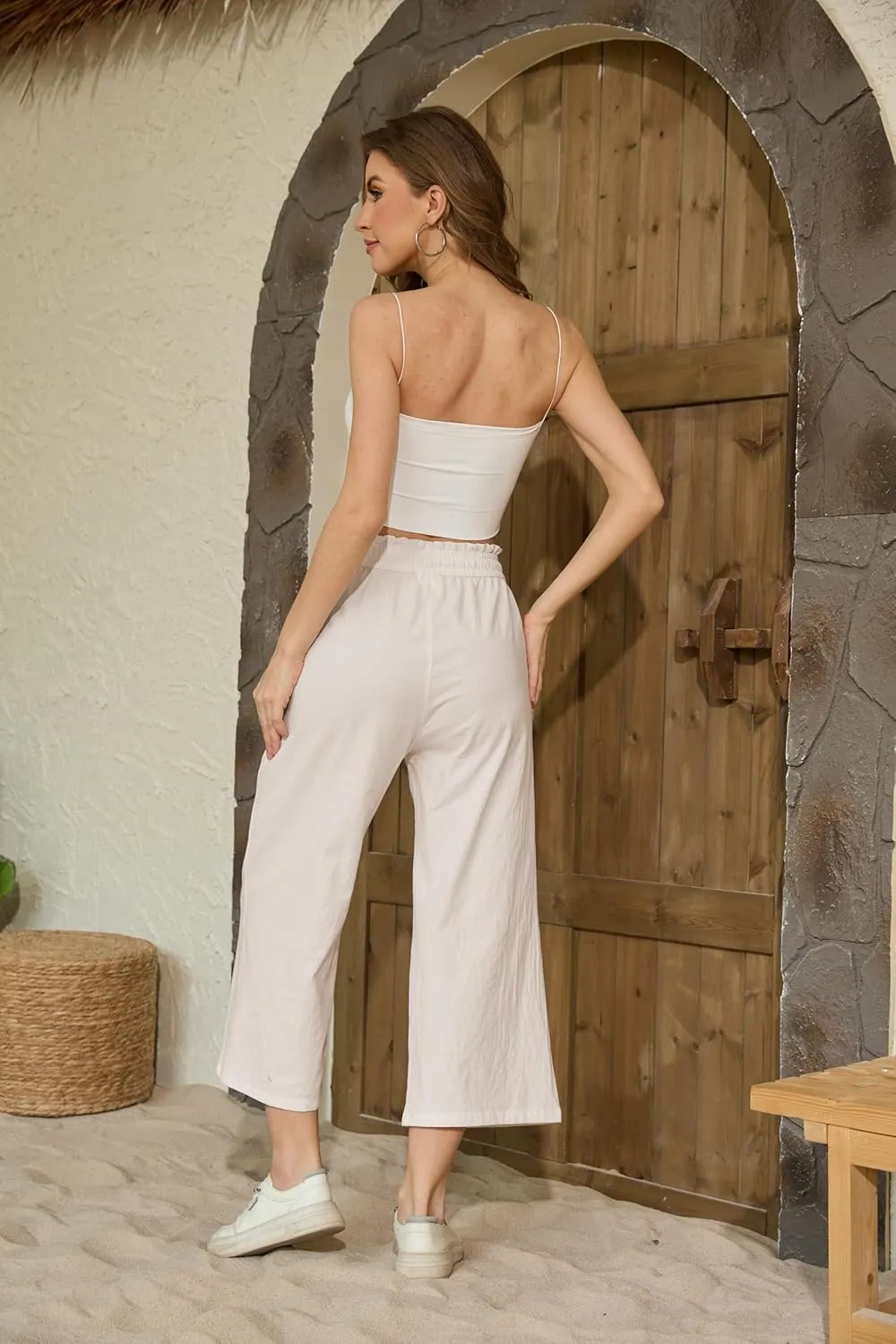 Womens Linen Pants Wide Leg High Waisted Drawstring Casual Loose Beach Pants with Pockets