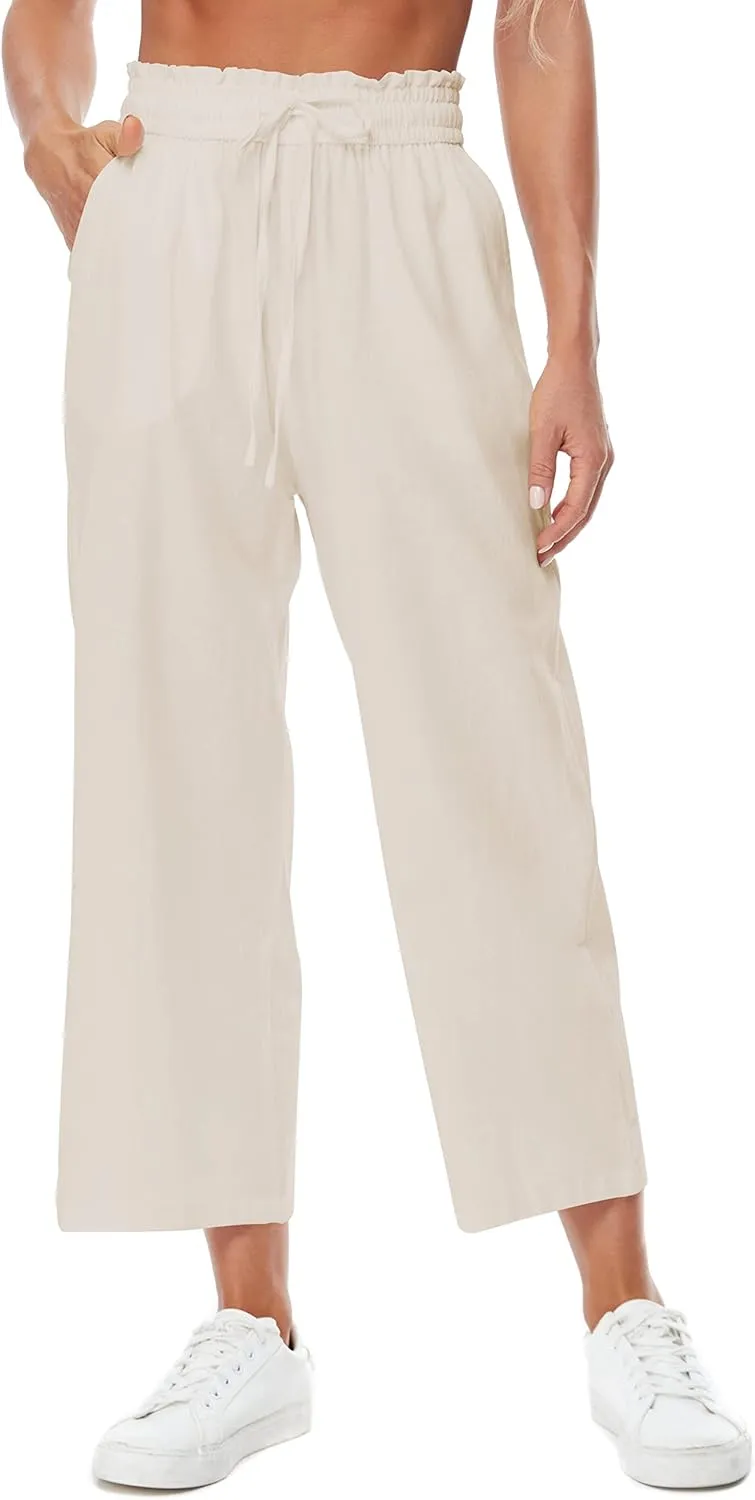 Womens Linen Pants Wide Leg High Waisted Drawstring Casual Loose Beach Pants with Pockets