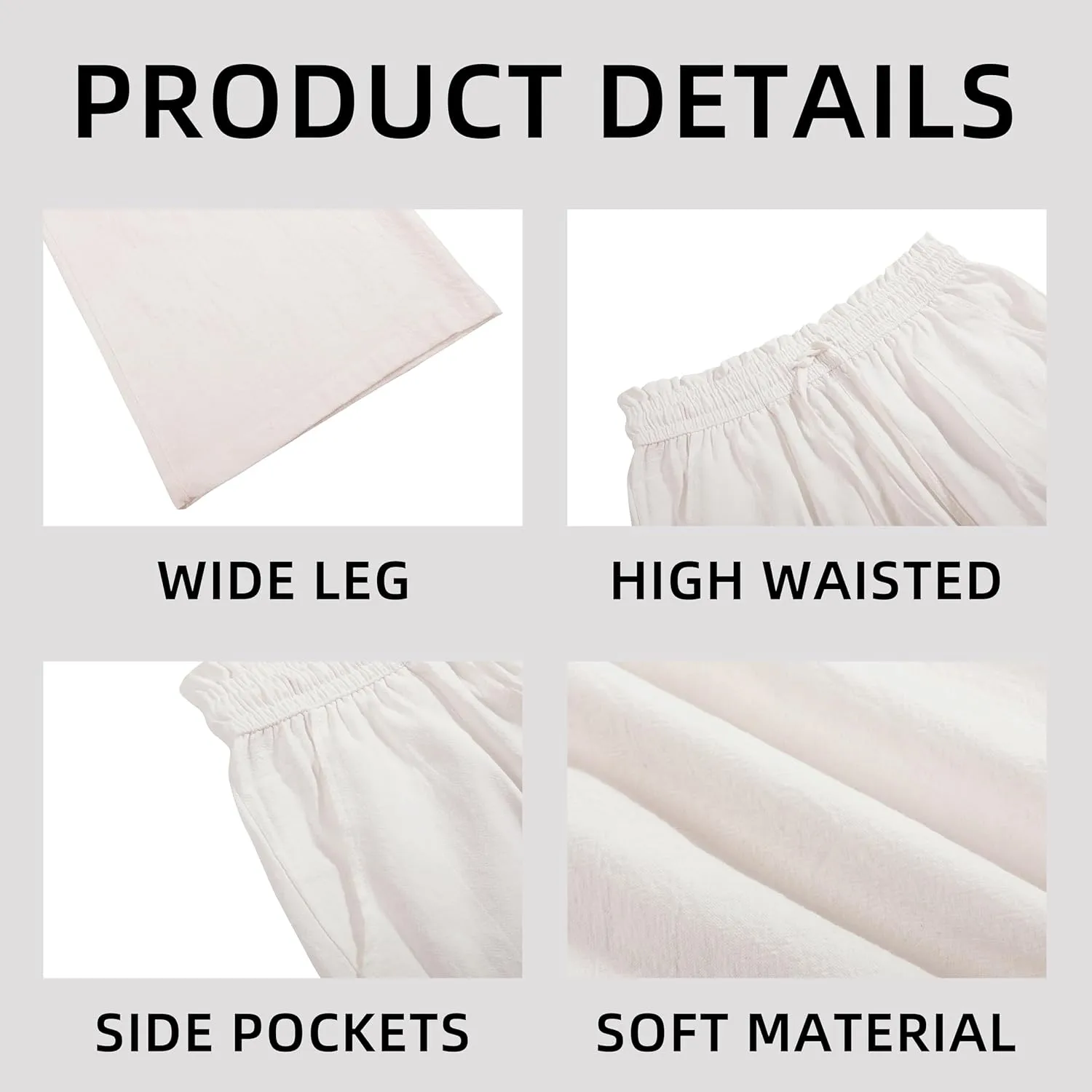 Womens Linen Pants Wide Leg High Waisted Drawstring Casual Loose Beach Pants with Pockets