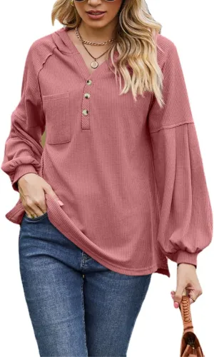 Women's Oversized Hoodies Sweatshirts,Solid Loose Pullover Long-Sleeved T-shirt,Casual Button V Neck Hooded Tops