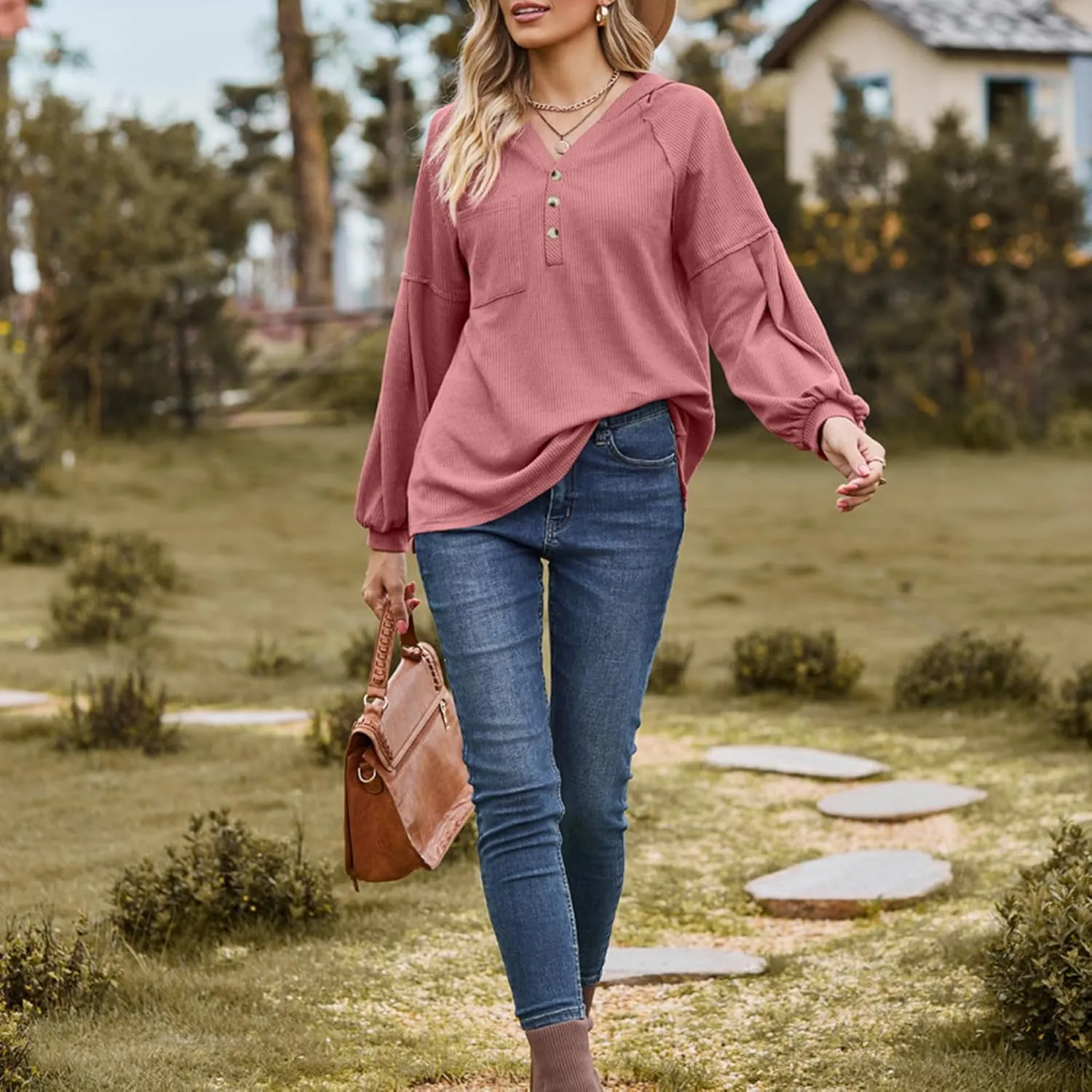 Women's Oversized Hoodies Sweatshirts,Solid Loose Pullover Long-Sleeved T-shirt,Casual Button V Neck Hooded Tops