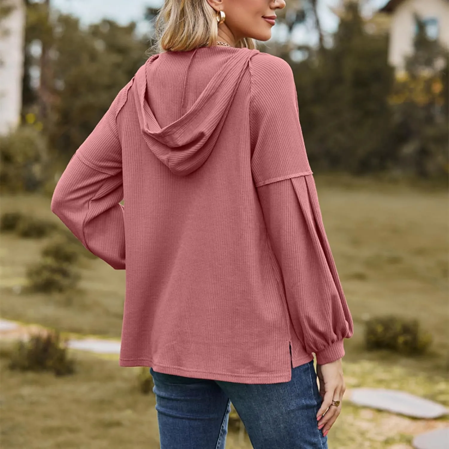 Women's Oversized Hoodies Sweatshirts,Solid Loose Pullover Long-Sleeved T-shirt,Casual Button V Neck Hooded Tops