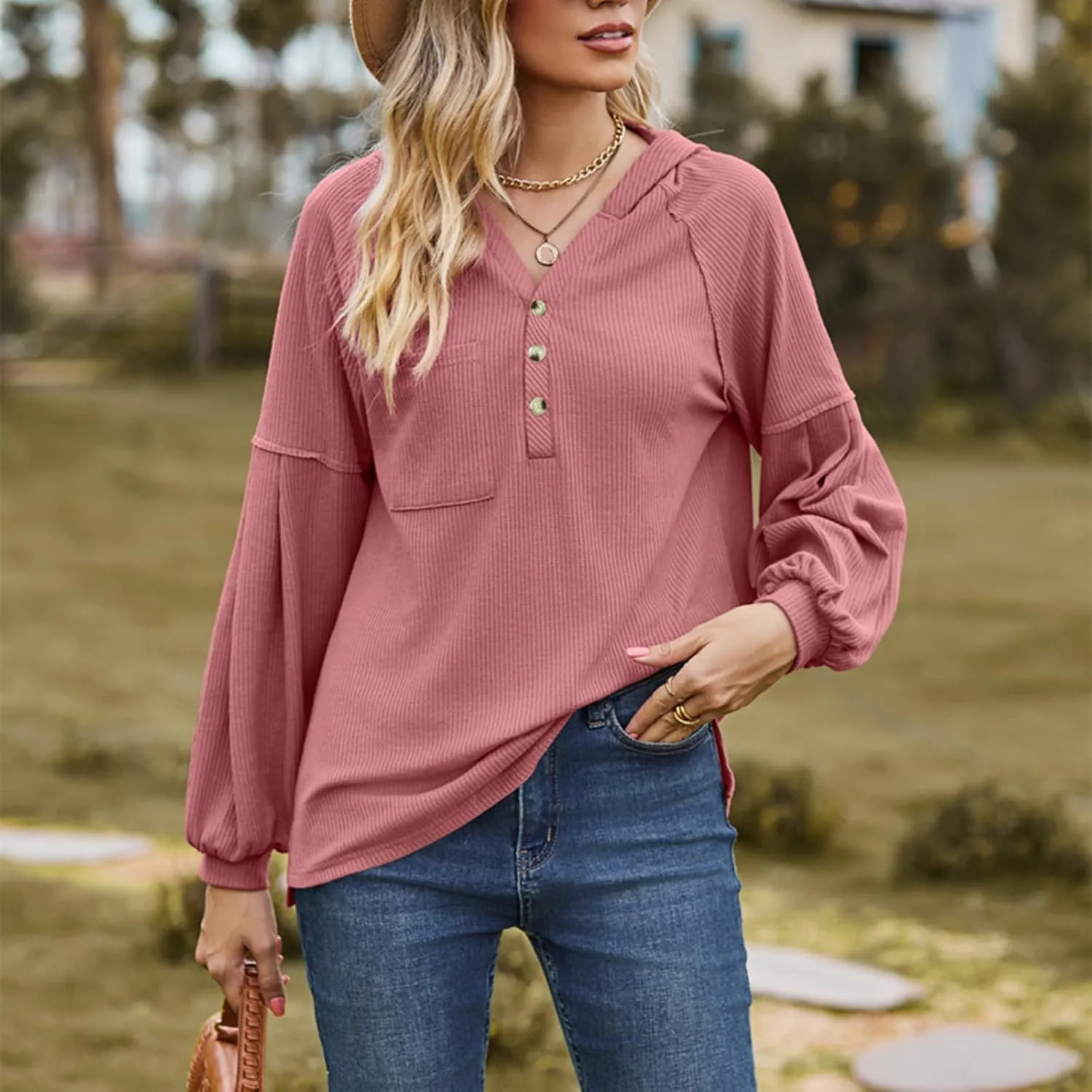 Women's Oversized Hoodies Sweatshirts,Solid Loose Pullover Long-Sleeved T-shirt,Casual Button V Neck Hooded Tops