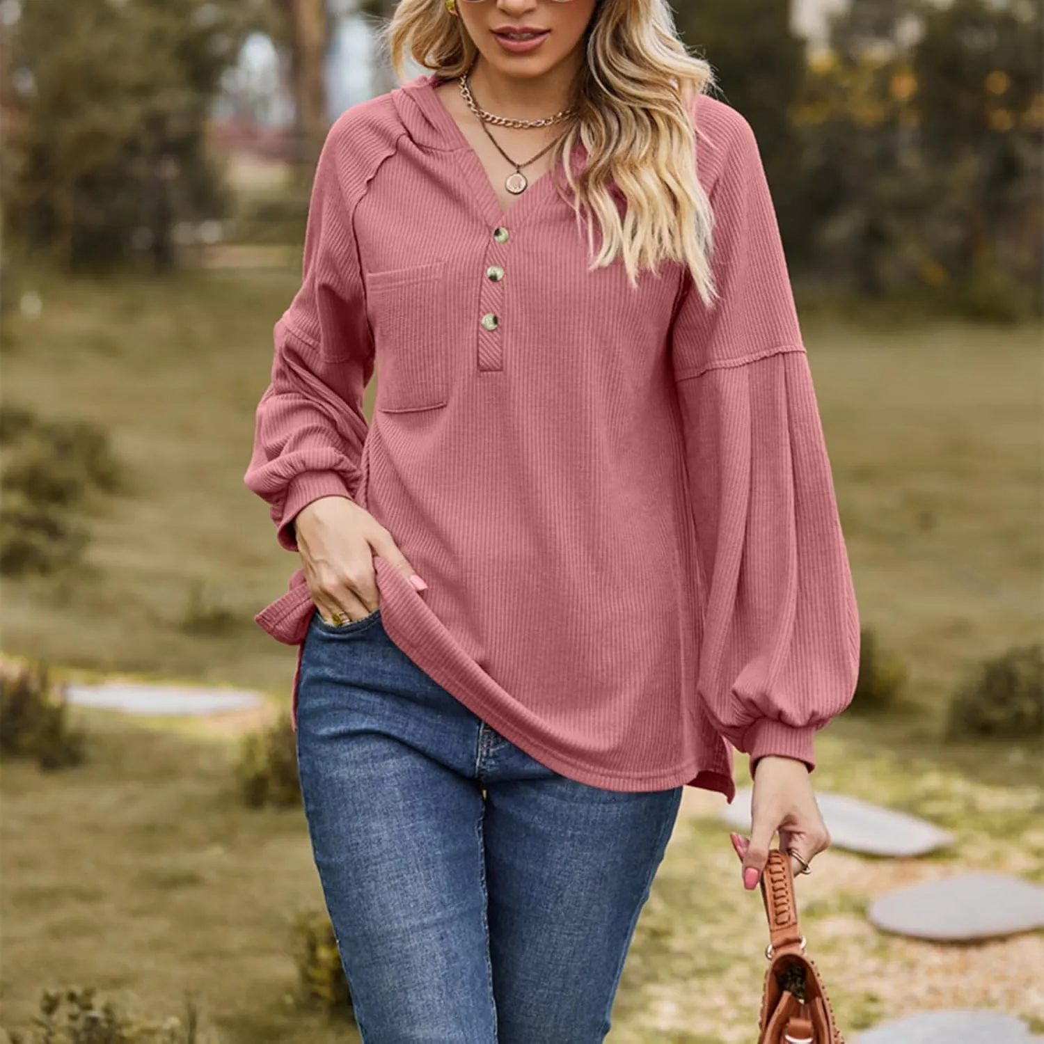 Women's Oversized Hoodies Sweatshirts,Solid Loose Pullover Long-Sleeved T-shirt,Casual Button V Neck Hooded Tops