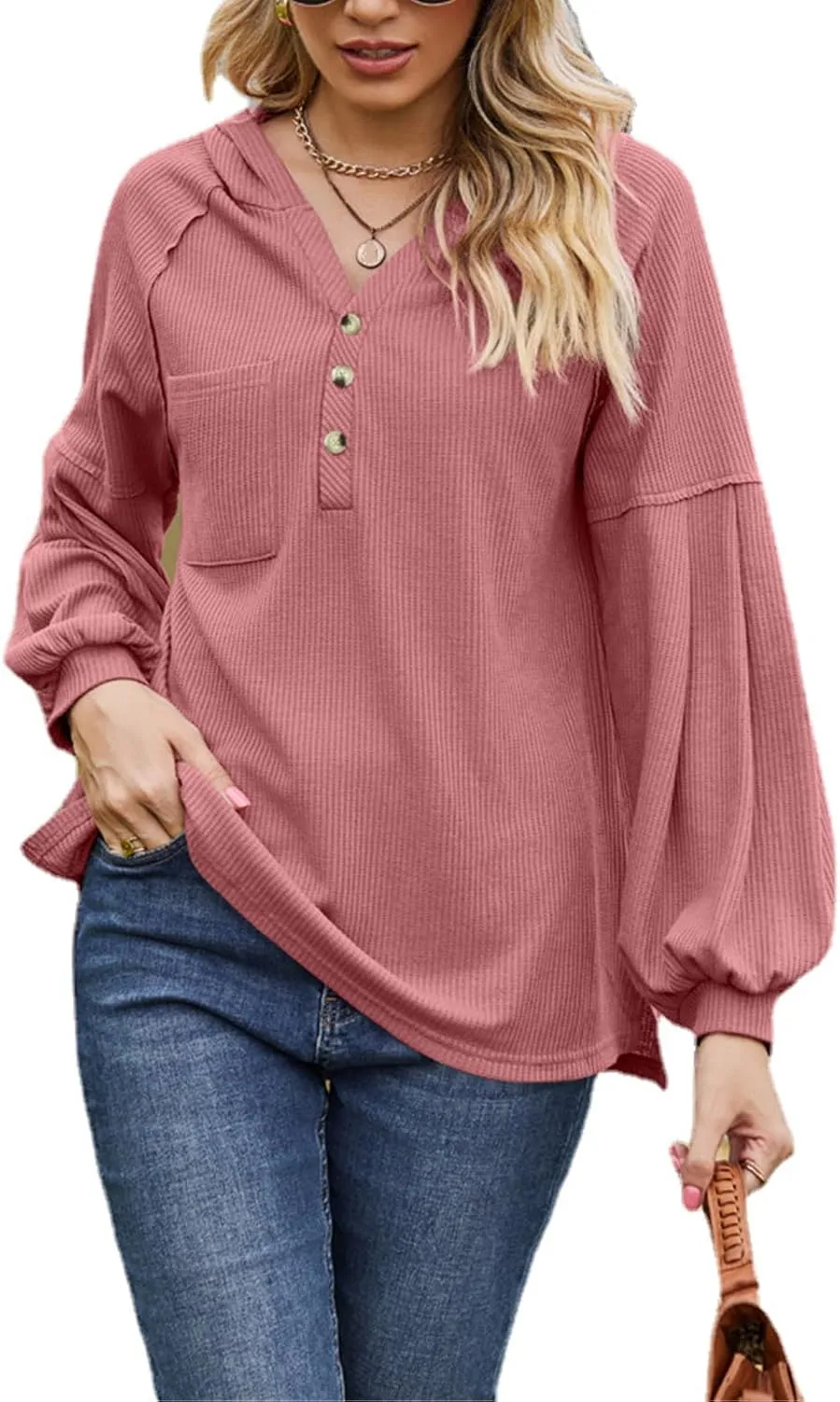 Women's Oversized Hoodies Sweatshirts,Solid Loose Pullover Long-Sleeved T-shirt,Casual Button V Neck Hooded Tops