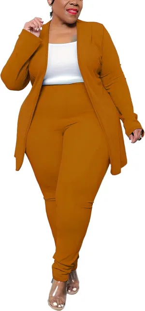 Women's Plus Size 2 Piece Outfits Open Front Blazer and High Waisted Long Pant Suit Set Business Loungewear