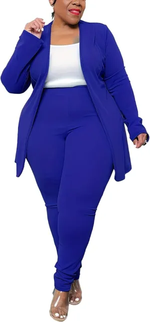 Women's Plus Size 2 Piece Outfits Open Front Blazer and High Waisted Long Pant Suit Set Business Loungewear