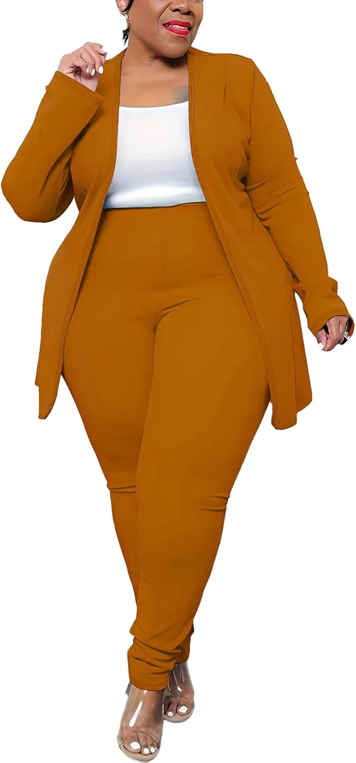 Women's Plus Size 2 Piece Outfits Open Front Blazer and High Waisted Long Pant Suit Set Business Loungewear