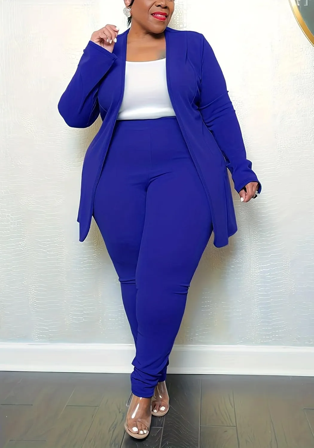 Women's Plus Size 2 Piece Outfits Open Front Blazer and High Waisted Long Pant Suit Set Business Loungewear