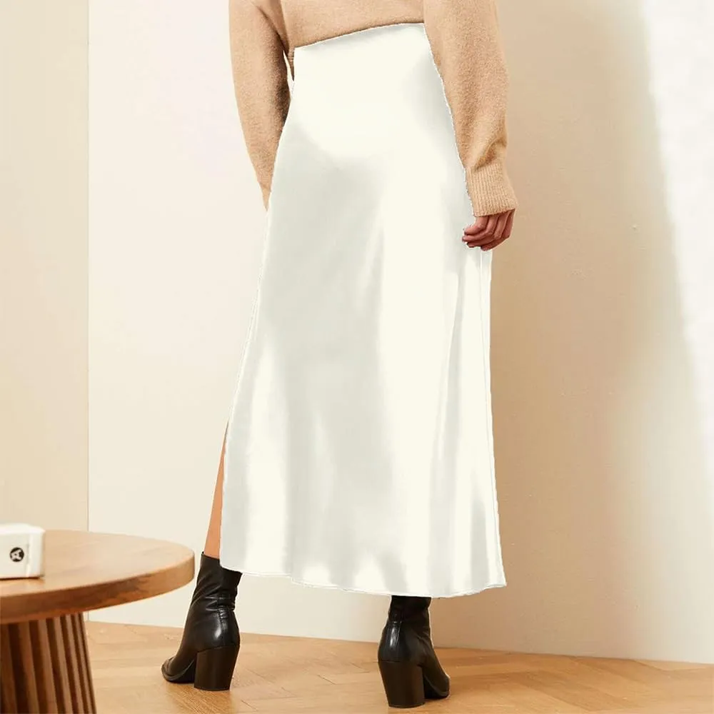 Women's Satin Midi Skirt Dressy Elastic High Waisted Silk Slip Flowy Ruffle Flared Cocktail Party Work A Line Skirts