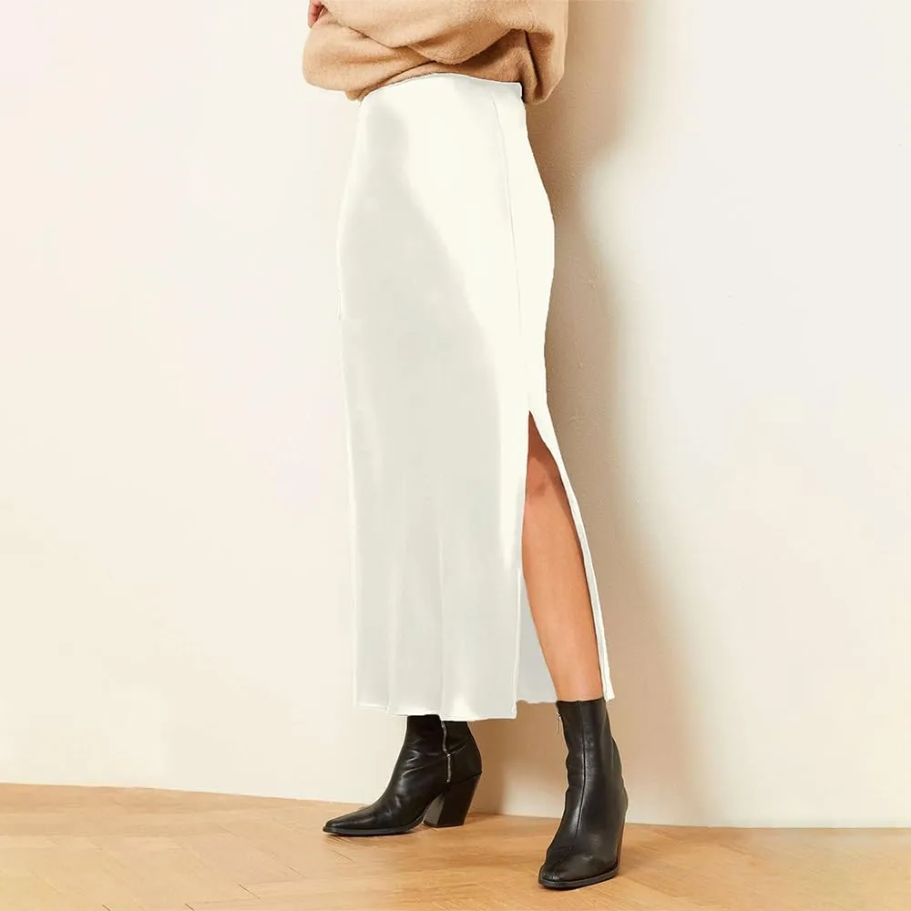 Women's Satin Midi Skirt Dressy Elastic High Waisted Silk Slip Flowy Ruffle Flared Cocktail Party Work A Line Skirts