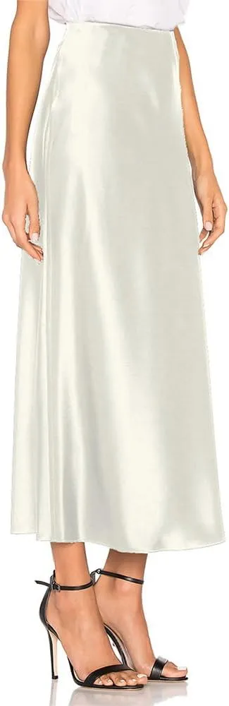Women's Satin Midi Skirt Dressy Elastic High Waisted Silk Slip Flowy Ruffle Flared Cocktail Party Work A Line Skirts