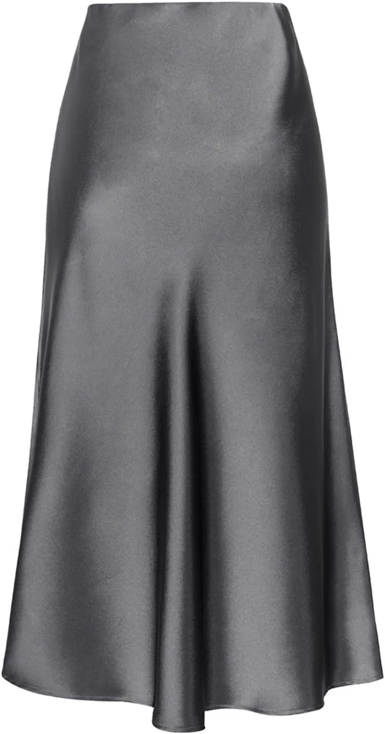 Women's Satin Skirt Elastic High Waisted Solid Color Slit MIDI Skirt Womens Cotton Skirts Above Knee Length