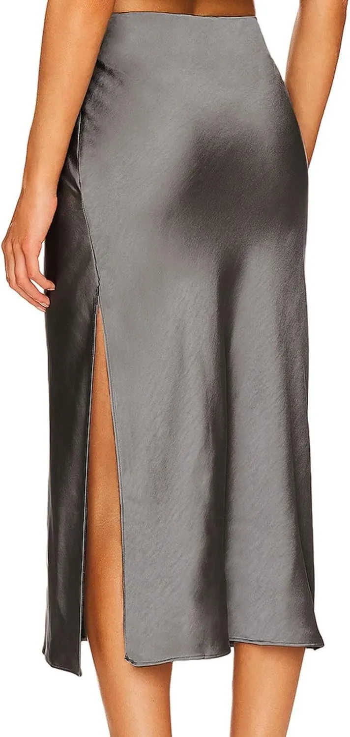 Women's Satin Skirt Elastic High Waisted Solid Color Slit MIDI Skirt Womens Cotton Skirts Above Knee Length
