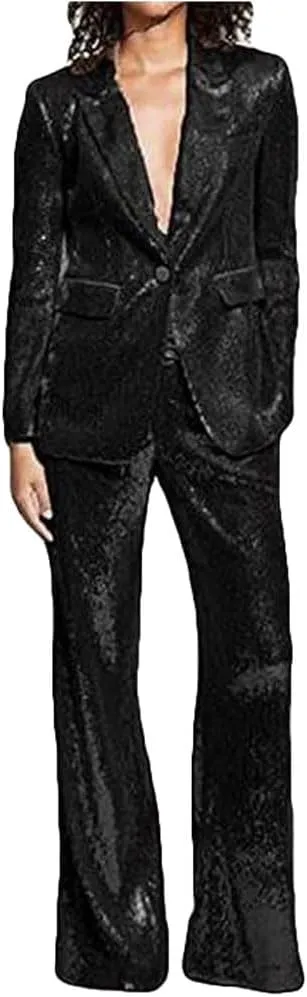 Women's Sequined Fashion Suit Set One Button 2 Piece Wedding Tuxedos Blazer Pants Prom Party Outfit