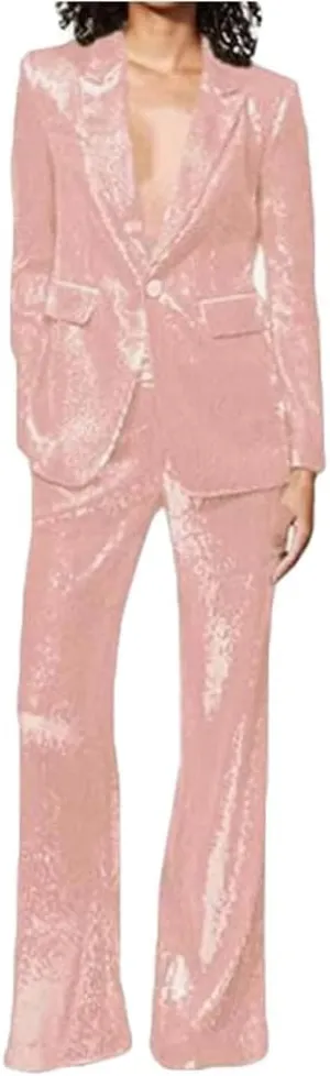 Women's Sequined Fashion Suit Set One Button 2 Piece Wedding Tuxedos Blazer Pants Prom Party Outfit