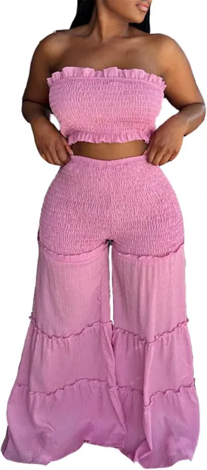 Womens Sexy 2 Pieces Ruched Tube Tops Bodycon Wide Leg Pants Party Clubwear Tracksuit Outfits Sweatsuit Set
