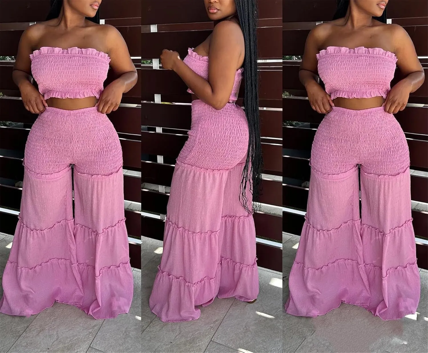 Womens Sexy 2 Pieces Ruched Tube Tops Bodycon Wide Leg Pants Party Clubwear Tracksuit Outfits Sweatsuit Set