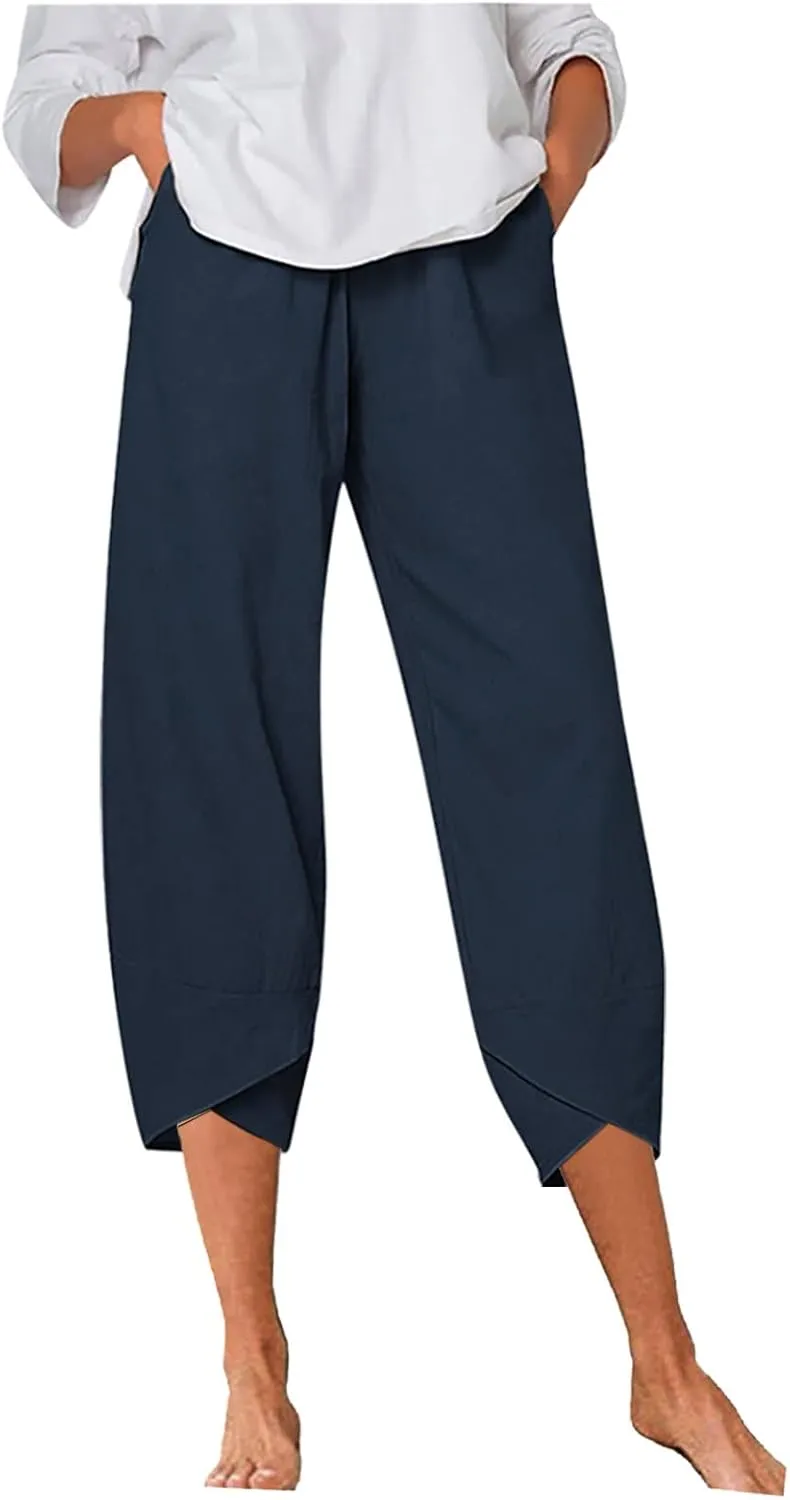 Women's Summer Cotton Linen Capri Pants Casual High Waist Cropped Trouser Tapered Leg Sweatpants Loose Workout Pants