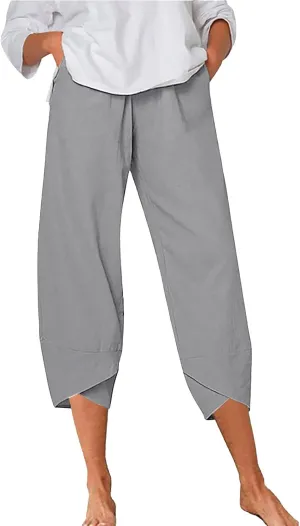 Women's Summer Cotton Linen Capri Pants Casual High Waist Cropped Trouser Tapered Leg Sweatpants Loose Workout Pants