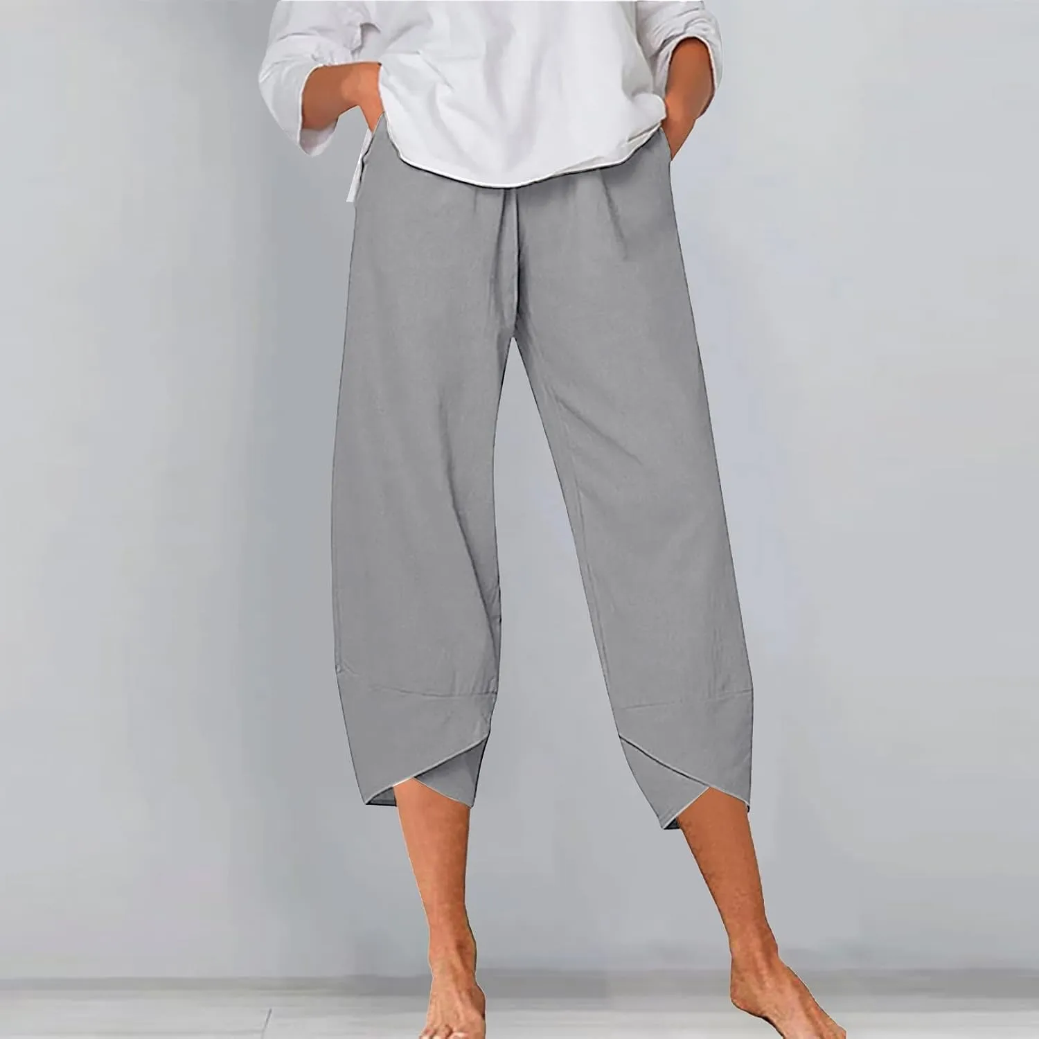 Women's Summer Cotton Linen Capri Pants Casual High Waist Cropped Trouser Tapered Leg Sweatpants Loose Workout Pants