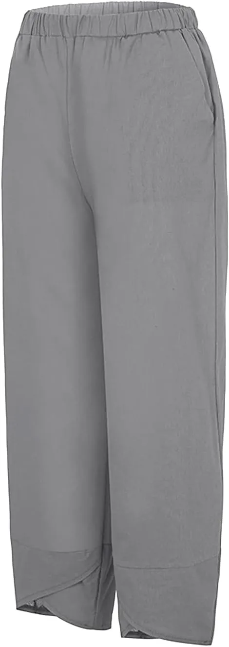 Women's Summer Cotton Linen Capri Pants Casual High Waist Cropped Trouser Tapered Leg Sweatpants Loose Workout Pants