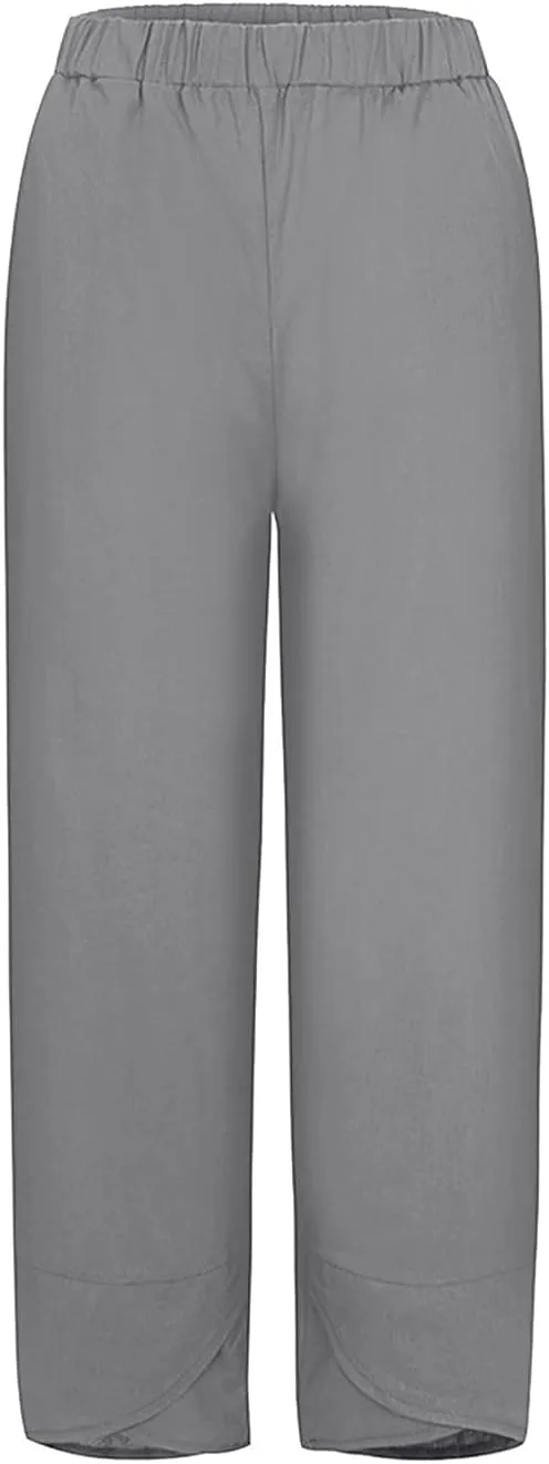 Women's Summer Cotton Linen Capri Pants Casual High Waist Cropped Trouser Tapered Leg Sweatpants Loose Workout Pants