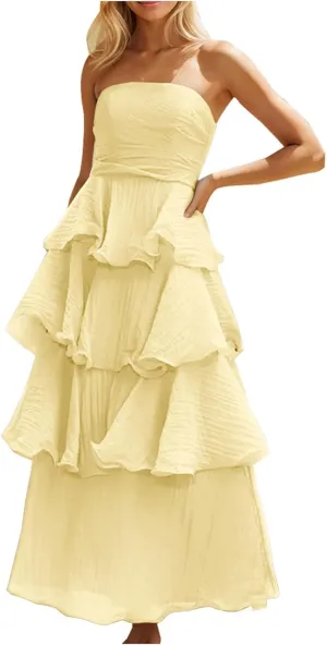 Women's Summer Dress Strapless Maxi Dress 2025 Casual Tube Tops Sleeveless Off Shoulder Tiered Beach Boho Sundress