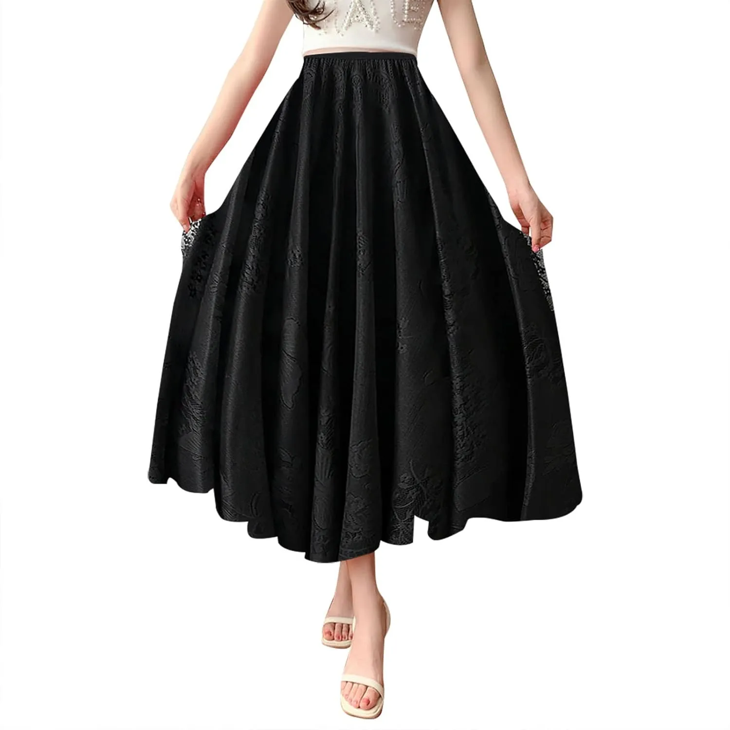 Womens Summer Elastic Waist Pleated A Line Flowy Swing Tiered Long Beach Skirt Dress Long Jean Skirts for Women