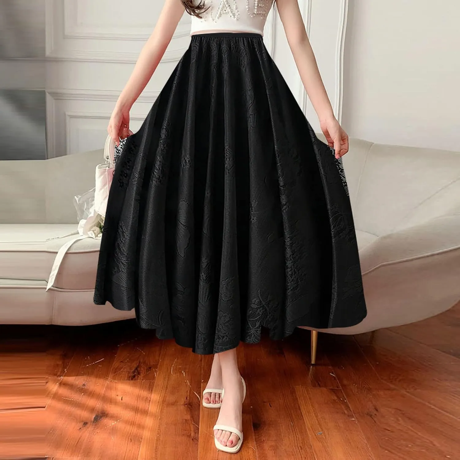 Womens Summer Elastic Waist Pleated A Line Flowy Swing Tiered Long Beach Skirt Dress Long Jean Skirts for Women