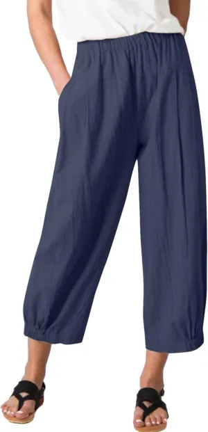 Women's Summer Linen Pants High Waisted Drawstring Printed Bohemian Capris Trousers